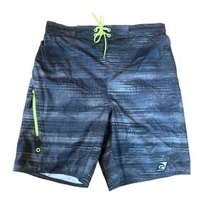 NWT Laguna Mens Board Shorts Grey Black Stripe Neon Green Zipper Pocket Medium